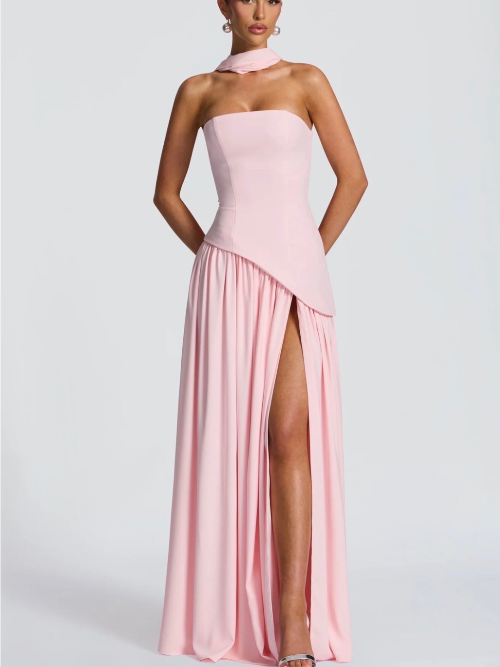 Elegant Strapless Light Pink Evening Gown With High Slit